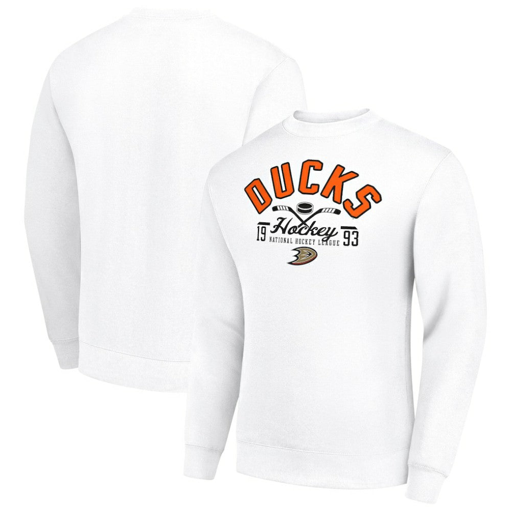 NHL White Anaheim Ducks Starter Stick And Puck Logo Fleece Pullover Sweatshirt