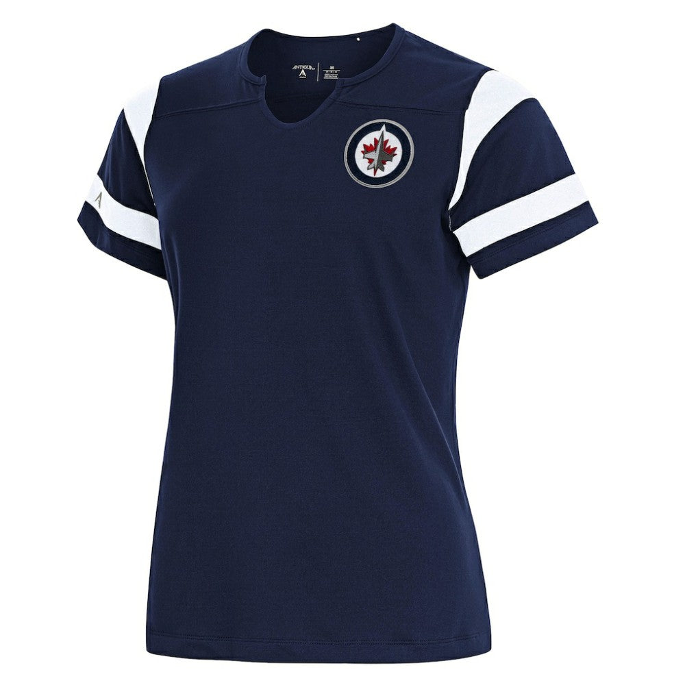 NHL Navy Winnipeg Jets Antigua Women's Encounter Short Sleeve Notch Neck Top