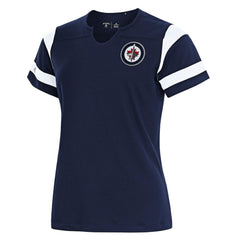 NHL Navy Winnipeg Jets Antigua Women's Encounter Short Sleeve Notch Neck Top