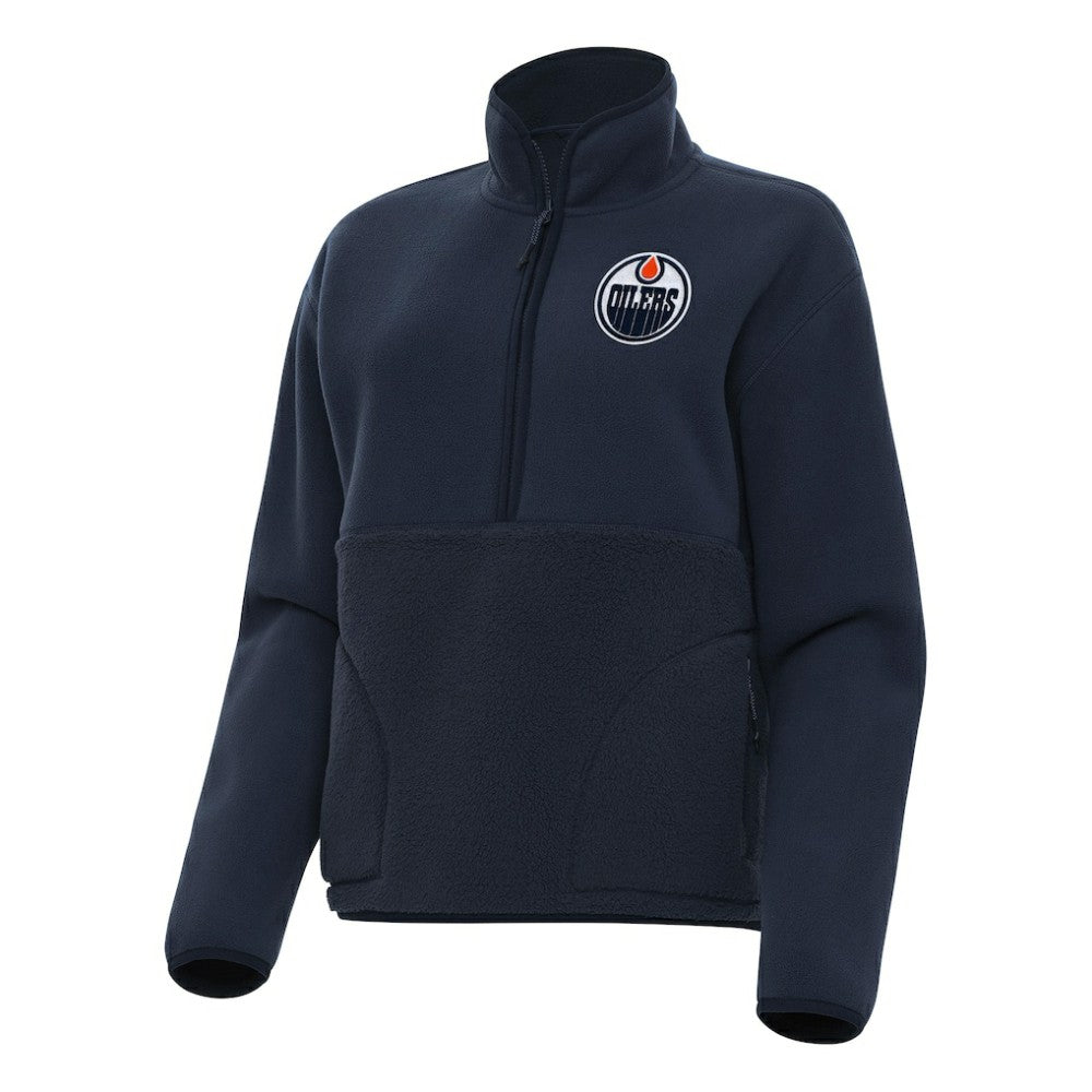 NHL Navy Edmonton Oilers Antigua Women's Figure Half-Zip Pullover Sweatshirt