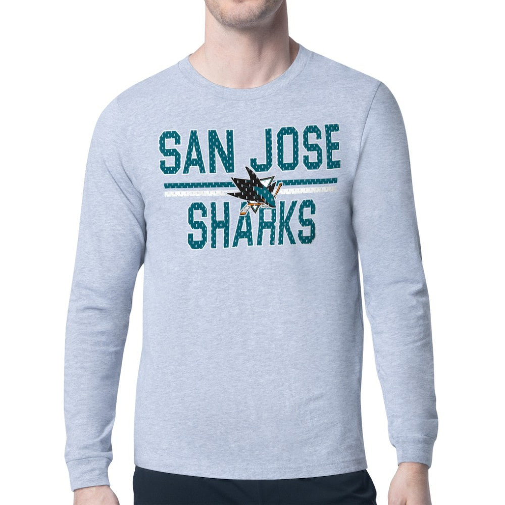 NHL Heather Gray San Jose Sharks Starter Mesh Look Team Name Logo Long Sleeve T-Shirt