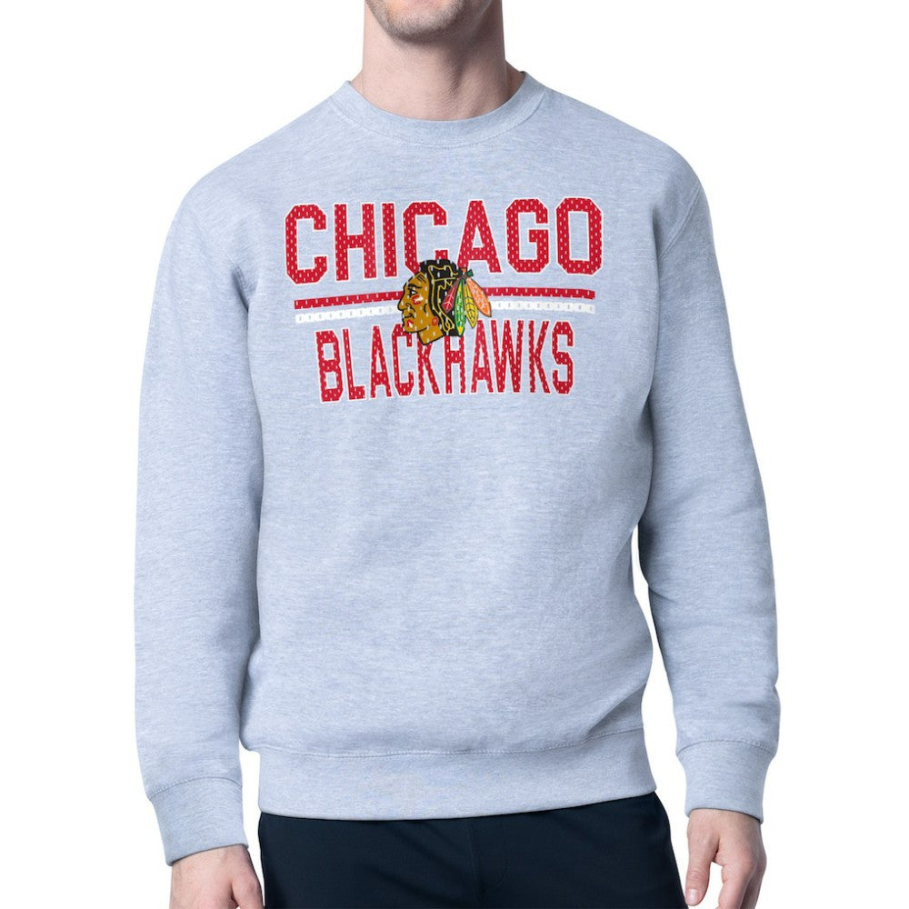 NHL Heather Gray Chicago Blackhawks Starter Mesh Look Team Name Logo Pullover Sweatshirt