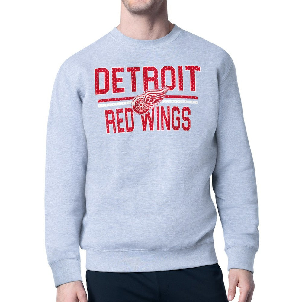 NHL Heather Gray Detroit Red Wings Starter Mesh Look Team Name Logo Pullover Sweatshirt