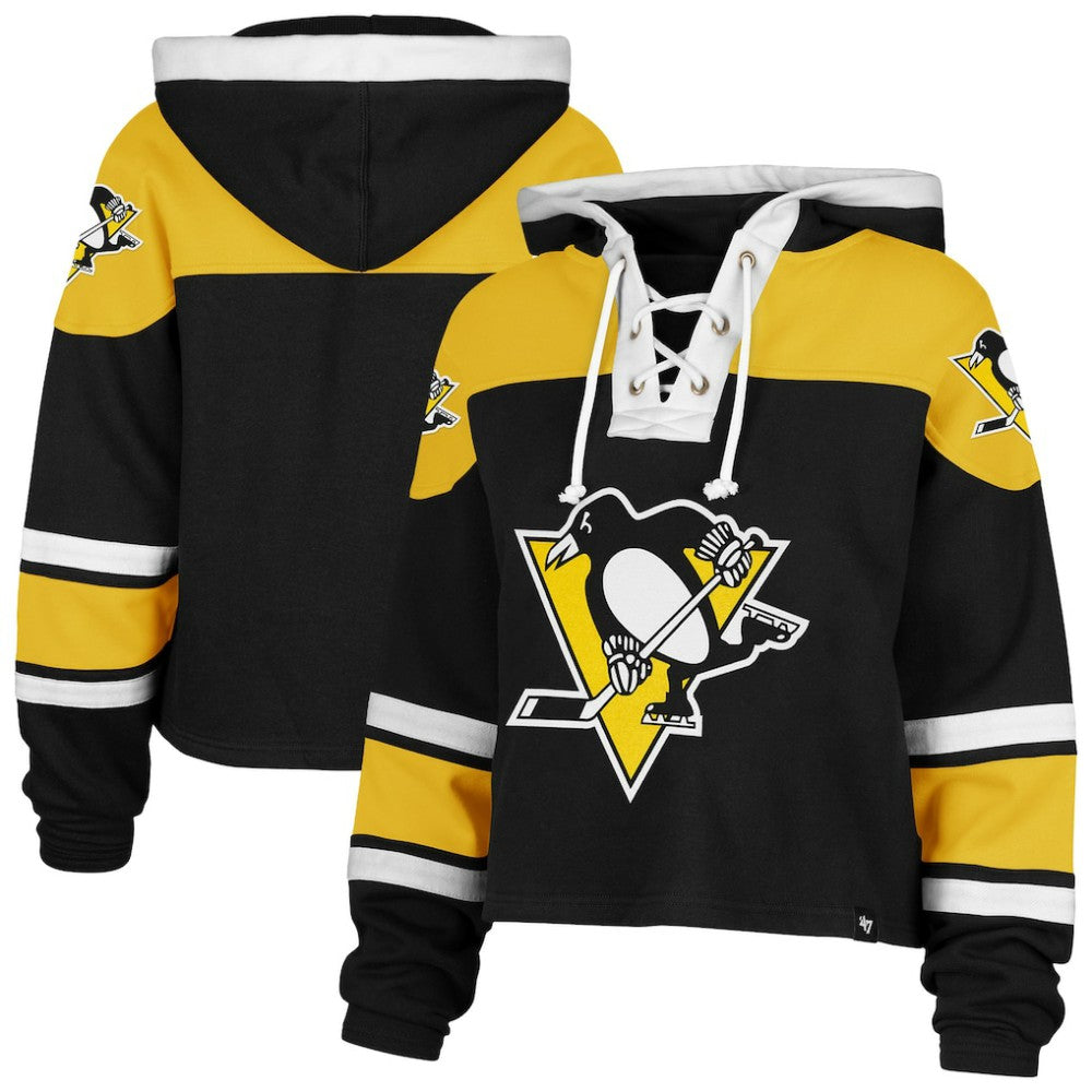 NHL Black Pittsburgh Penguins '47 Women's Cropped Superior Lacer Pullover Hoodie