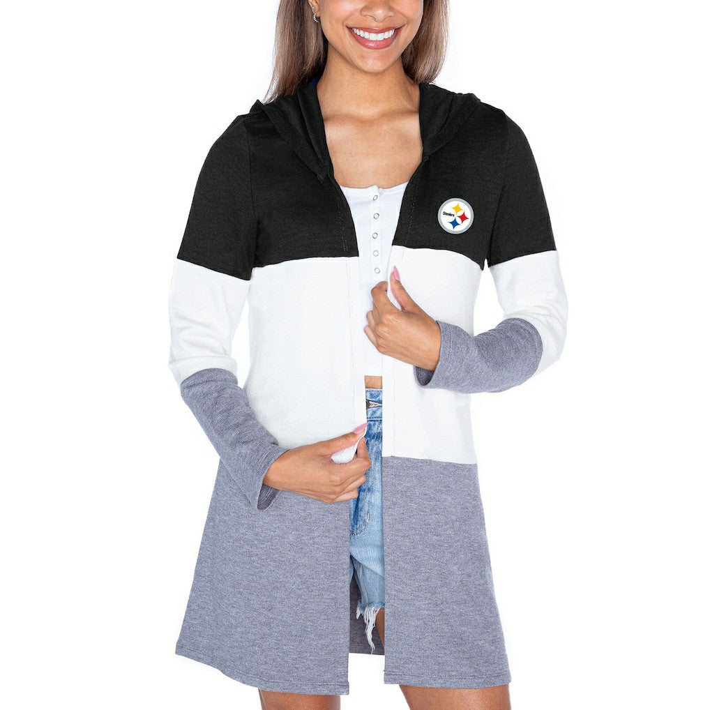 Gameday Couture Women's Tri-Blend Color Block Lightweight Cardigan Hoodie - Pittsburgh Steelers