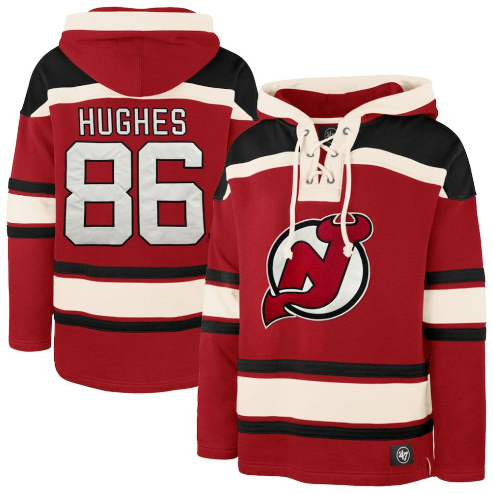 NHL Red Jack Hughes New Jersey Devils '47 Big & Tall Lace-up Pullover Hoodie