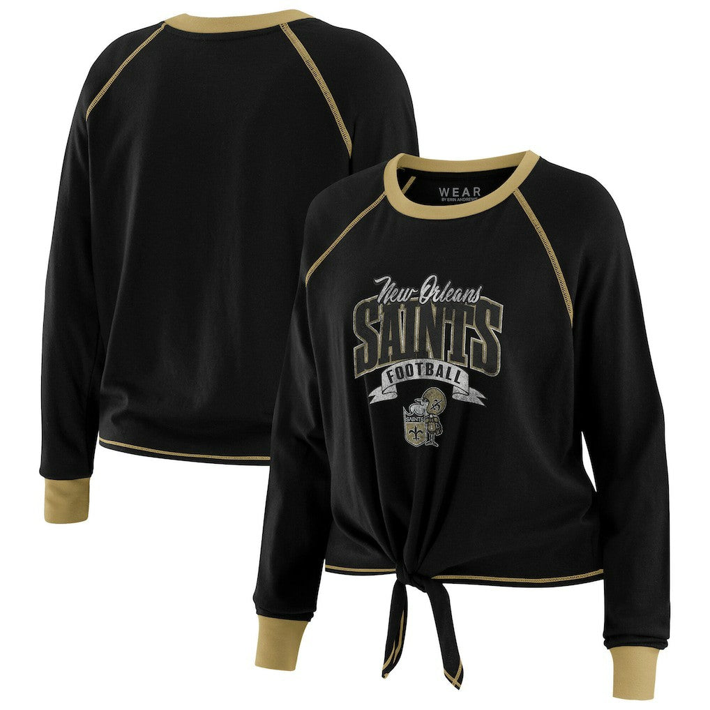 WEAR by Erin Andrews Women's Plus Size Tie-Front Long Sleeve Top - New Orleans Saints