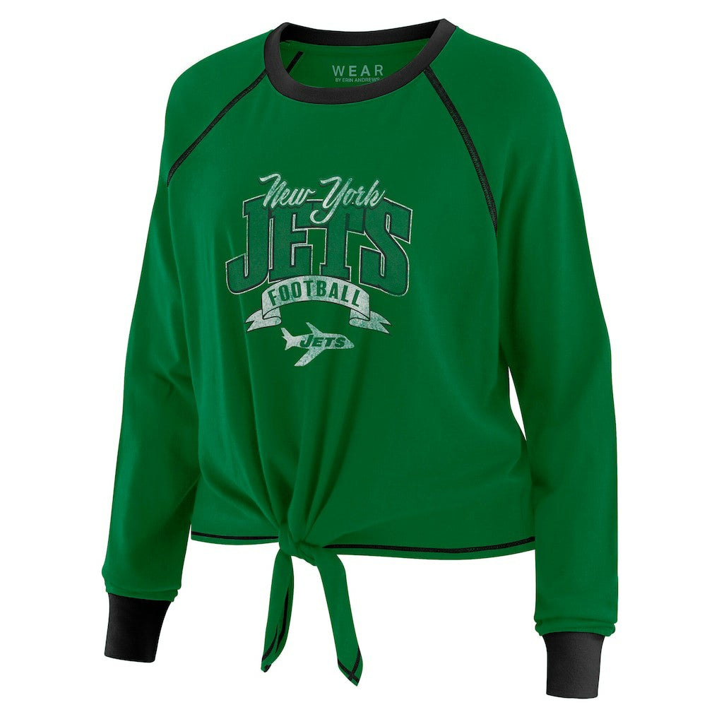 WEAR by Erin Andrews Women's Plus Size Tie-Front Long Sleeve Top - New York Jets
