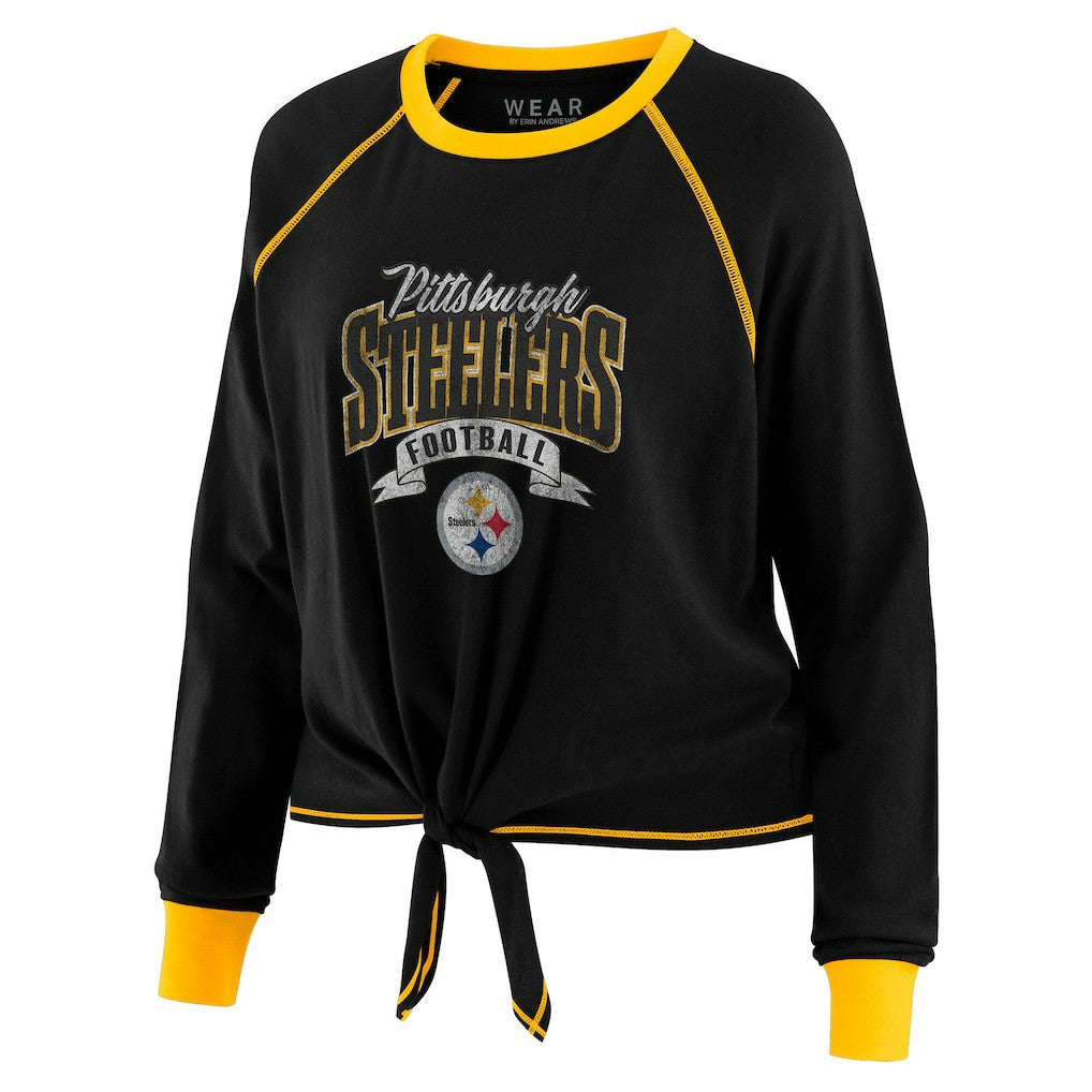WEAR by Erin Andrews Women's Plus Size Tie-Front Long Sleeve Top - Pittsburgh Steelers