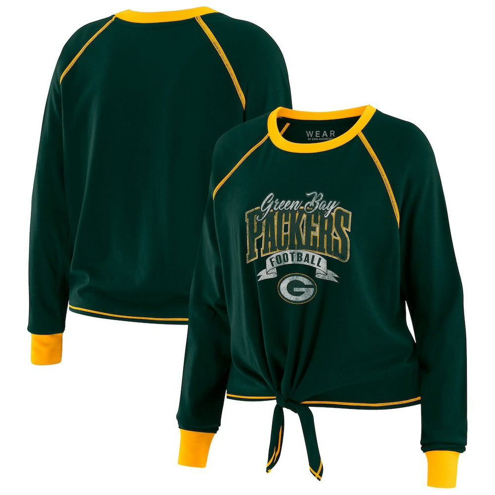 WEAR by Erin Andrews Women's Plus Size Tie-Front Long Sleeve Top - Green Bay Packers