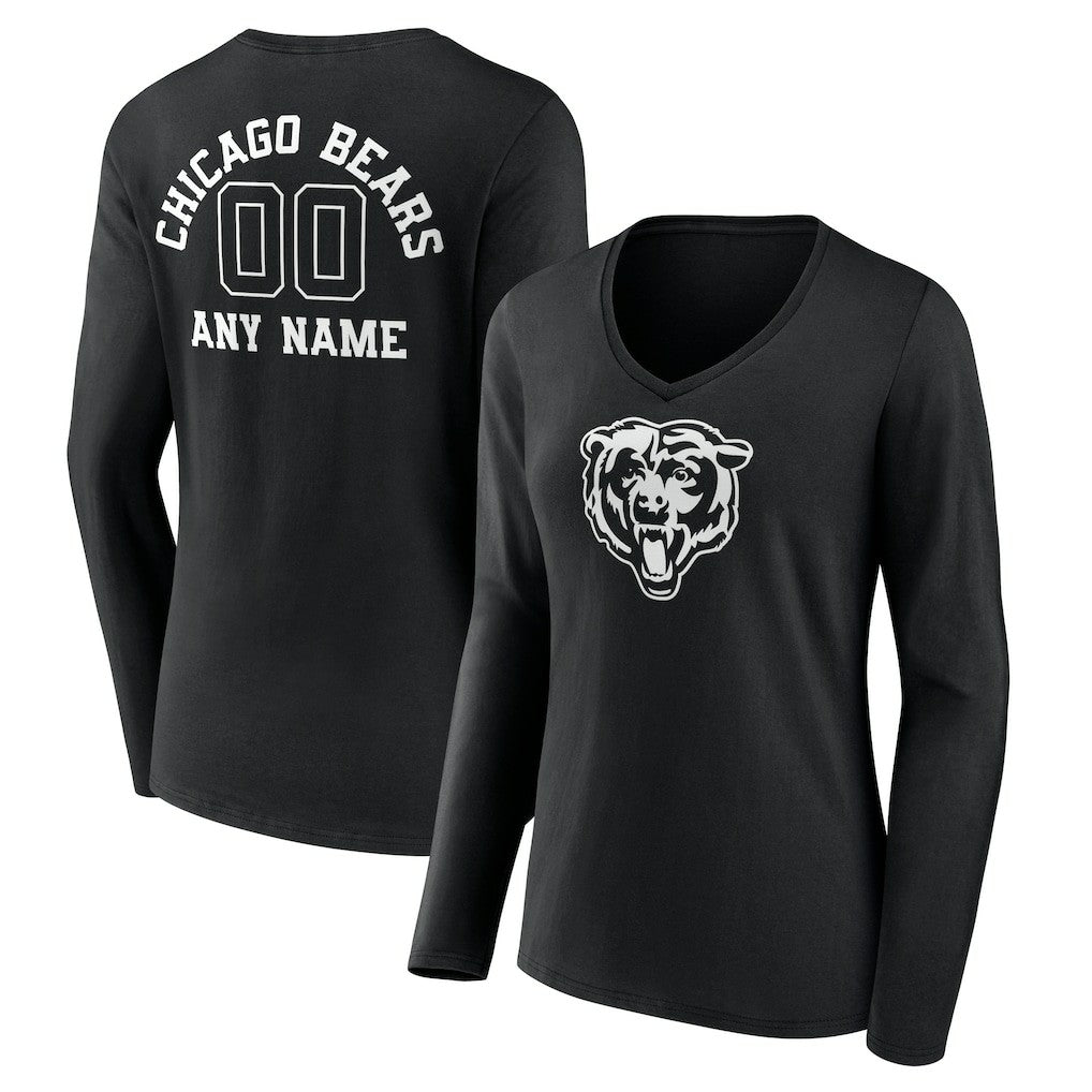 Women's Personalized Name & Number Monochrome Long Sleeve V-Neck T-Shirt - Chicago Bears