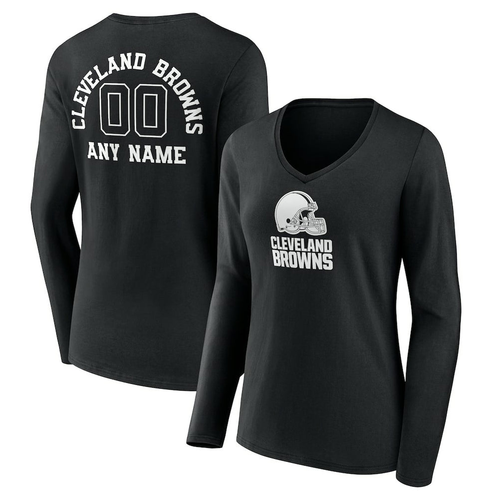 Women's Personalized Name & Number Monochrome Long Sleeve V-Neck T-Shirt - Cleveland Browns
