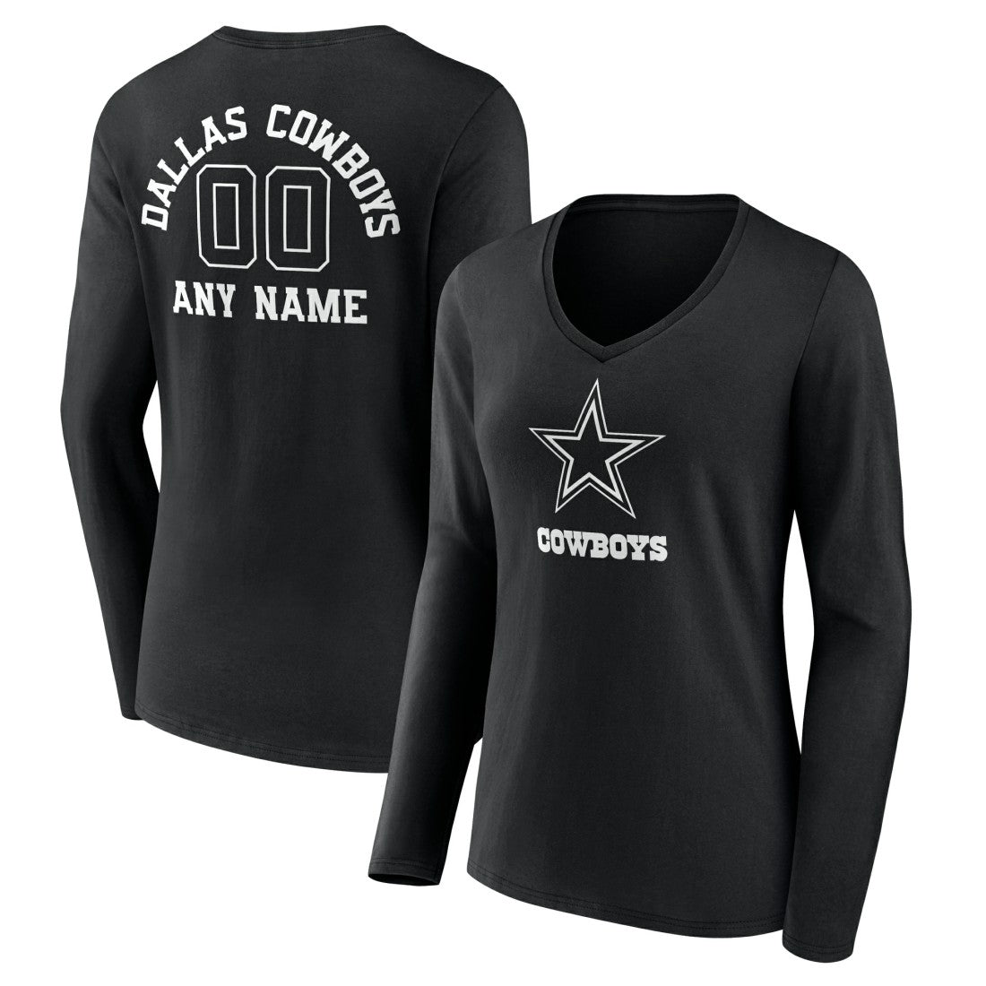 Women's Personalized Name & Number Monochrome Long Sleeve V-Neck T-Shirt - Dallas Cowboys