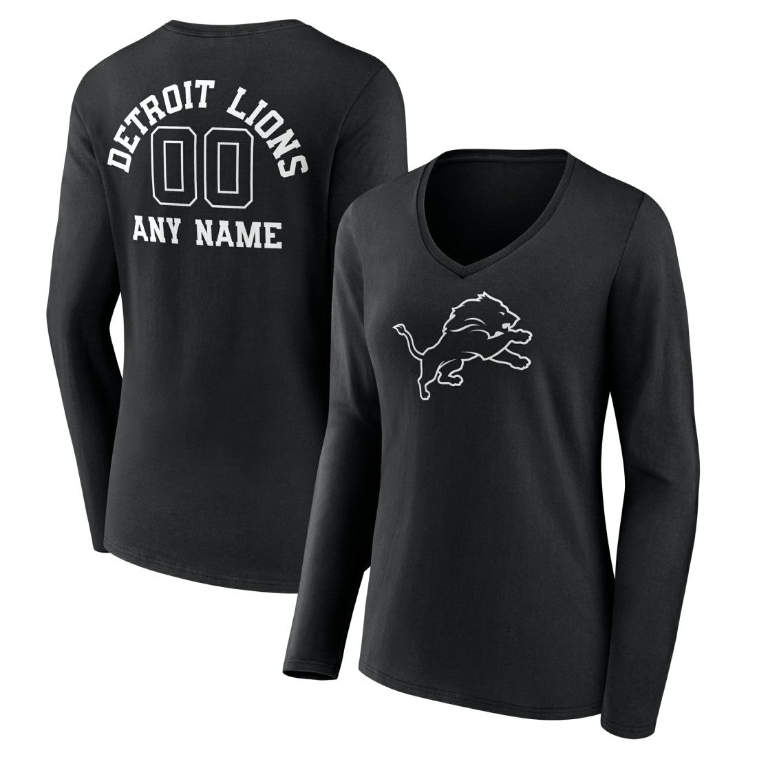 Women's Personalized Name & Number Monochrome Long Sleeve V-Neck T-Shirt - Detroit Lions