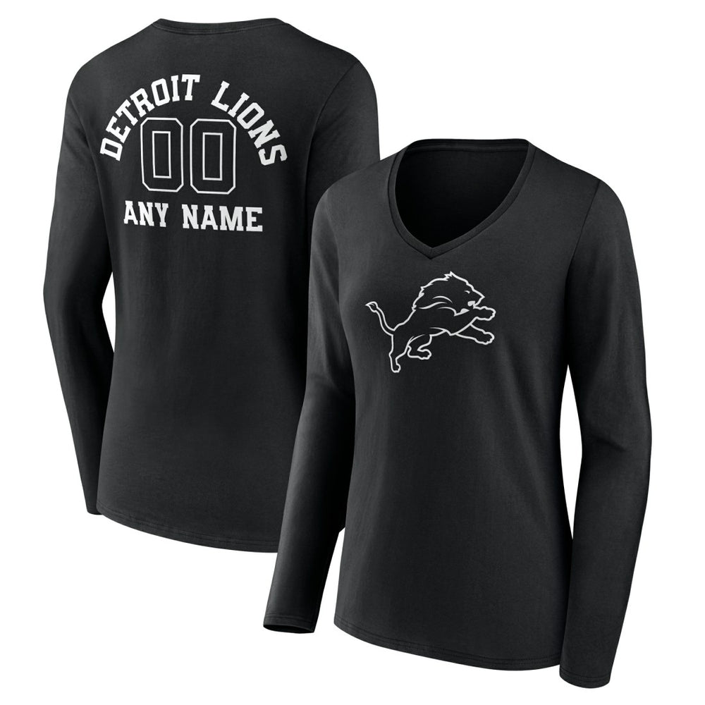 Women's Personalized Name & Number Monochrome Long Sleeve V-Neck T-Shirt - Detroit Lions