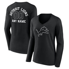Women's Personalized Name & Number Monochrome Long Sleeve V-Neck T-Shirt - Detroit Lions
