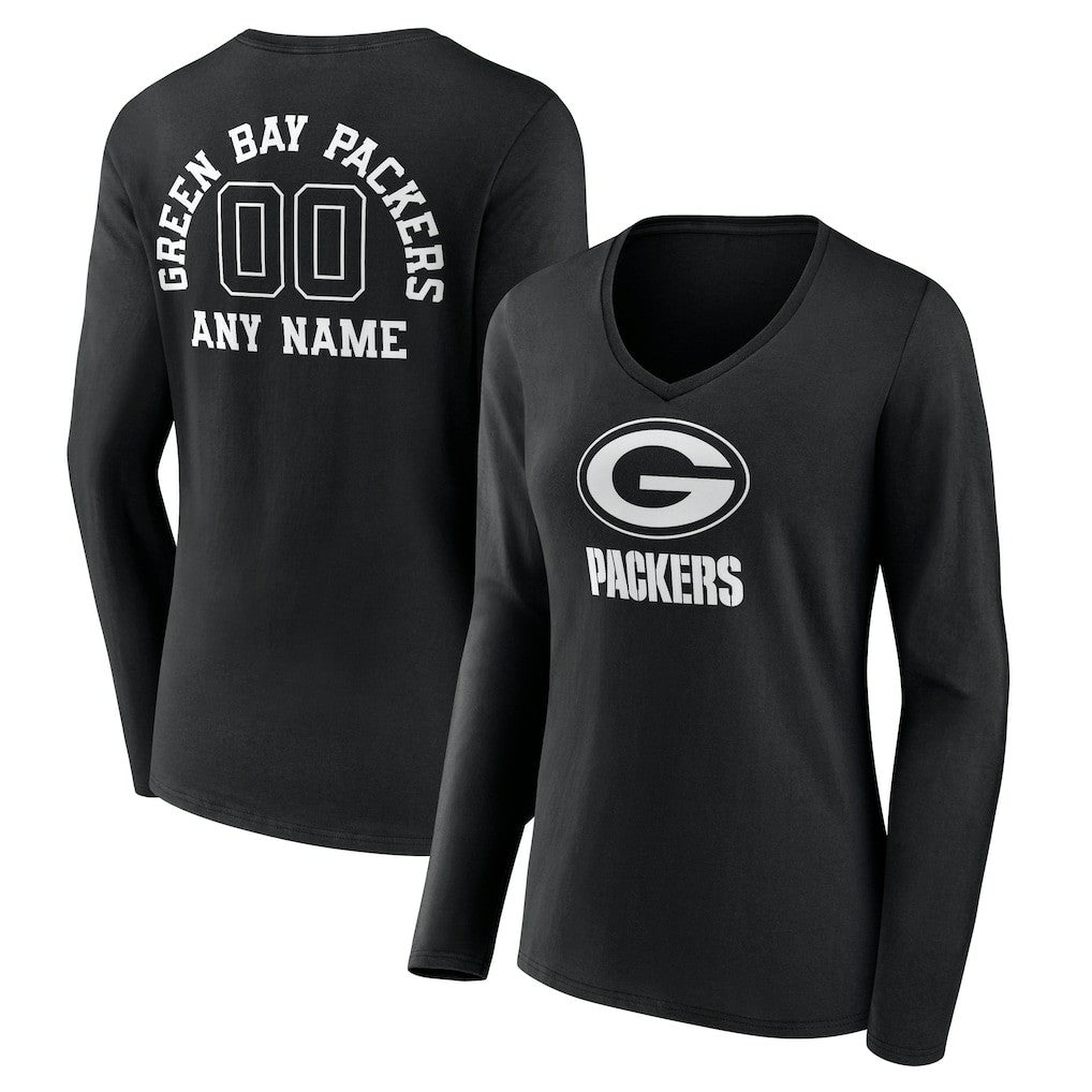 Women's Personalized Name & Number Monochrome Long Sleeve V-Neck T-Shirt - Green Bay Packers