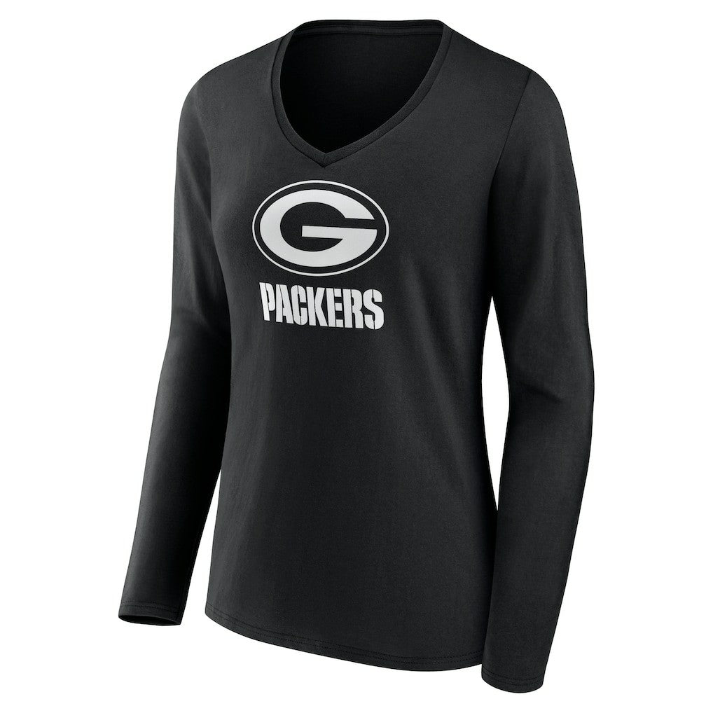 Women's Personalized Name & Number Monochrome Long Sleeve V-Neck T-Shirt - Green Bay Packers