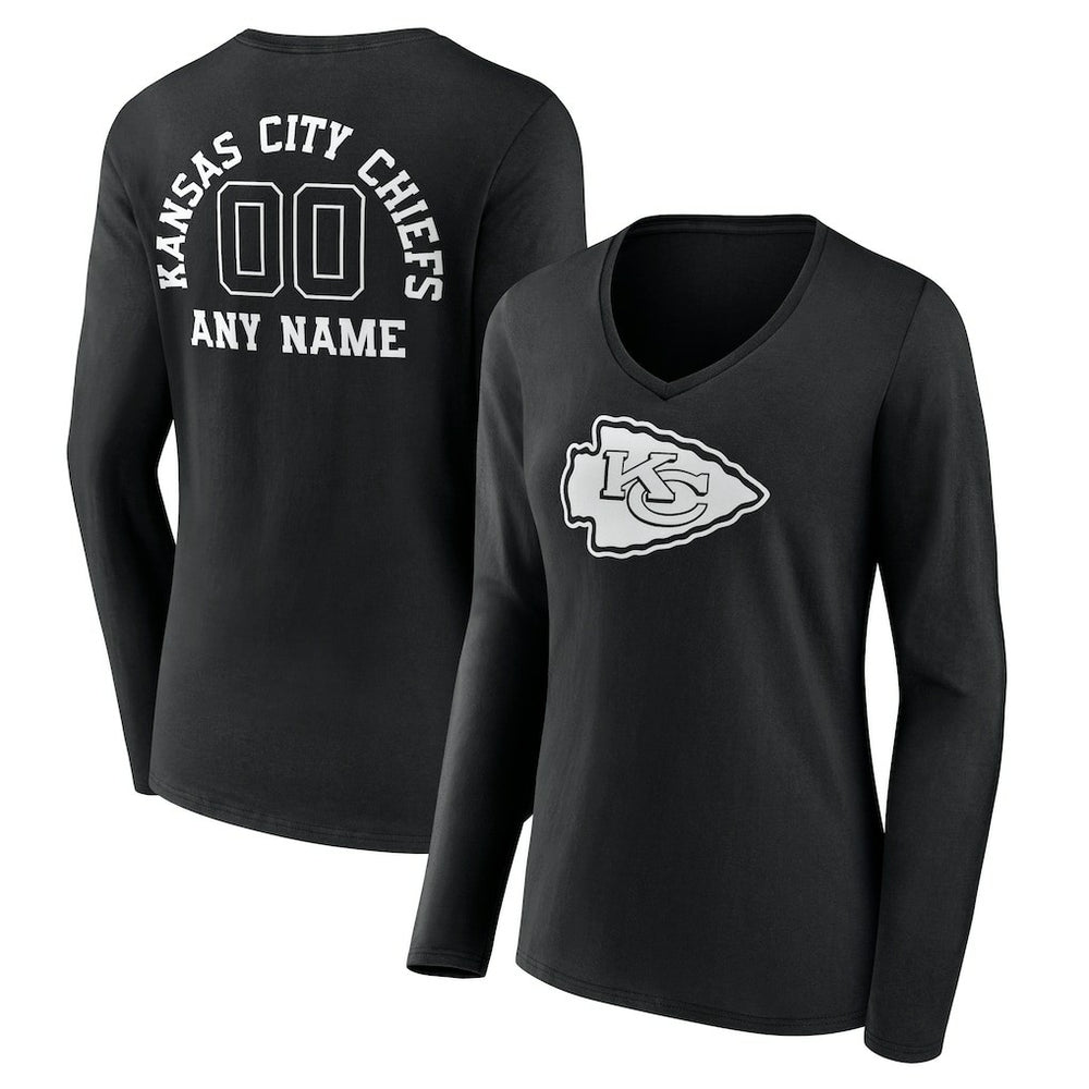 Women's Personalized Name & Number Monochrome Long Sleeve V-Neck T-Shirt - Kansas City Chiefs