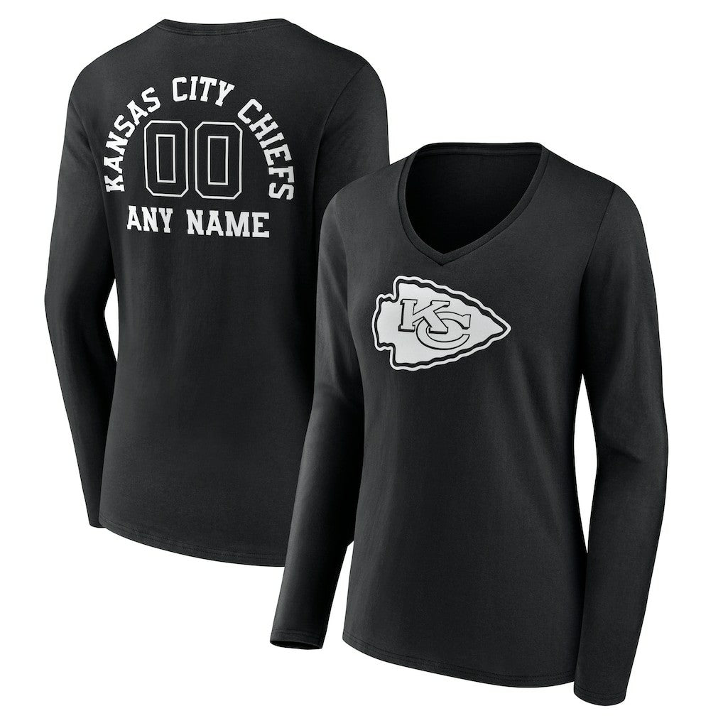 Women's Personalized Name & Number Monochrome Long Sleeve V-Neck T-Shirt - Kansas City Chiefs
