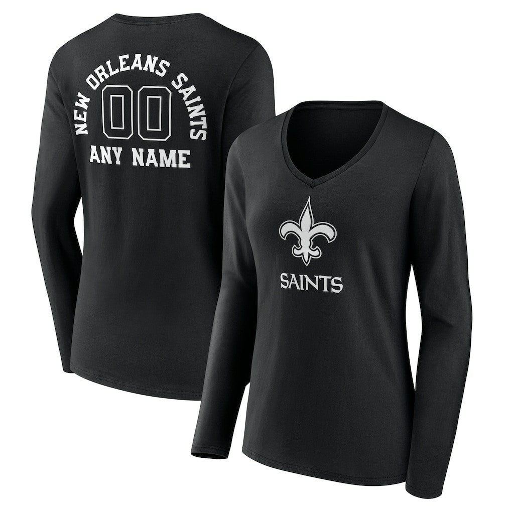 Women's Personalized Name & Number Monochrome Long Sleeve V-Neck T-Shirt - New Orleans Saints