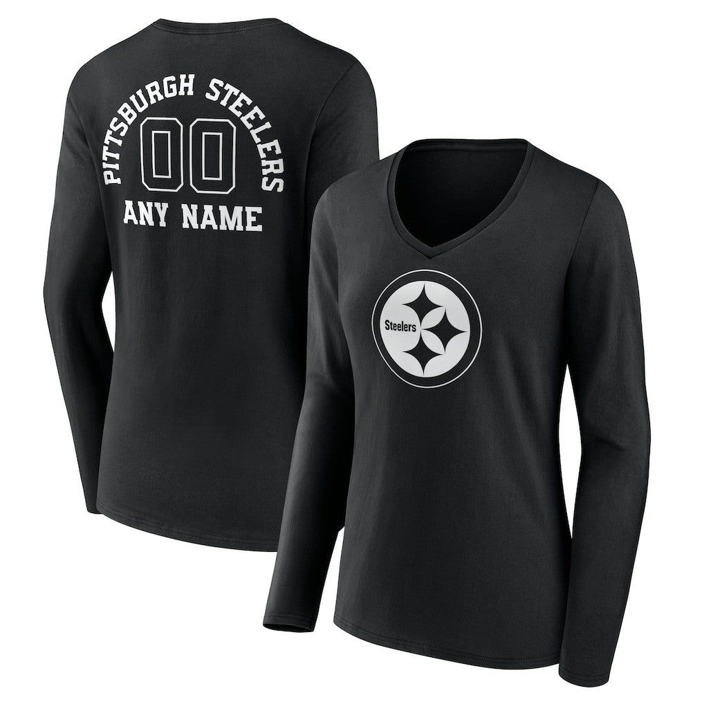 Women's Personalized Name & Number Monochrome Long Sleeve V-Neck T-Shirt - Pittsburgh Steelers
