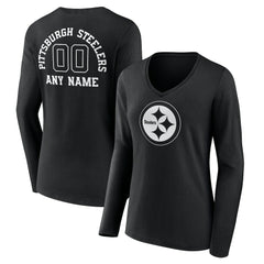 Women's Personalized Name & Number Monochrome Long Sleeve V-Neck T-Shirt - Pittsburgh Steelers