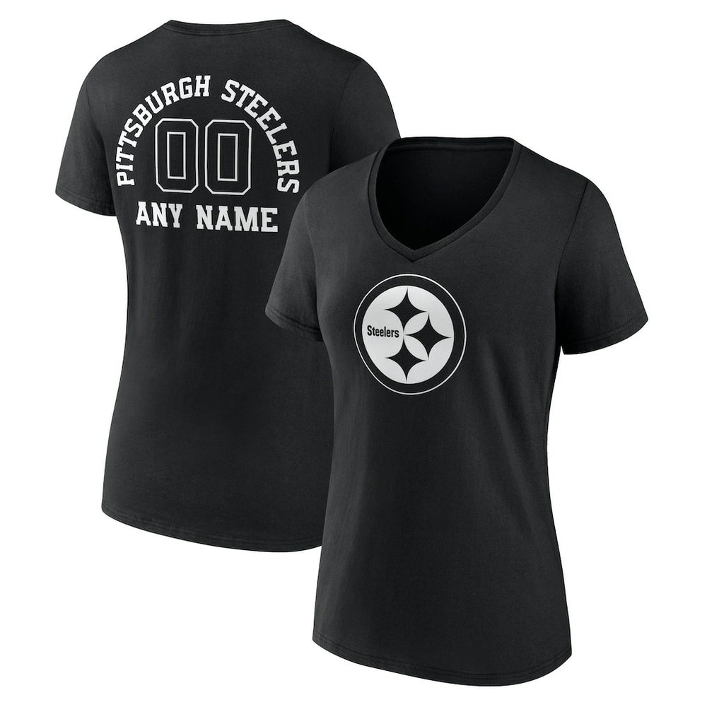 Women's Personalized Name & Number Monochrome V-Neck T-Shirt - Pittsburgh Steelers
