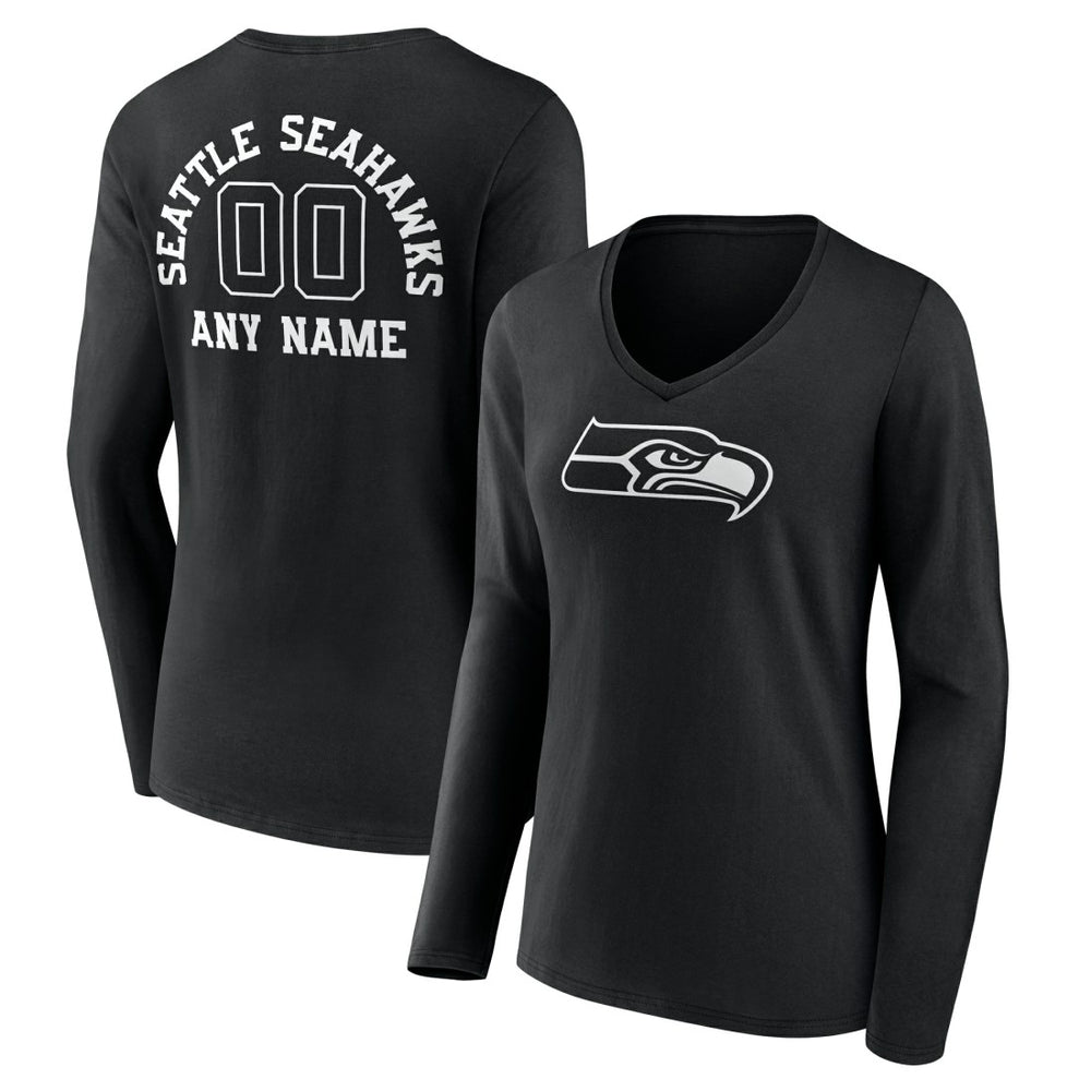Women's Personalized Name & Number Monochrome Long Sleeve V-Neck T-Shirt - Seattle Seahawks