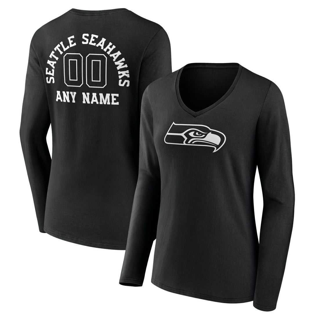 Women's Personalized Name & Number Monochrome Long Sleeve V-Neck T-Shirt - Seattle Seahawks