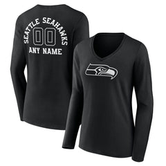 Women's Personalized Name & Number Monochrome Long Sleeve V-Neck T-Shirt - Seattle Seahawks