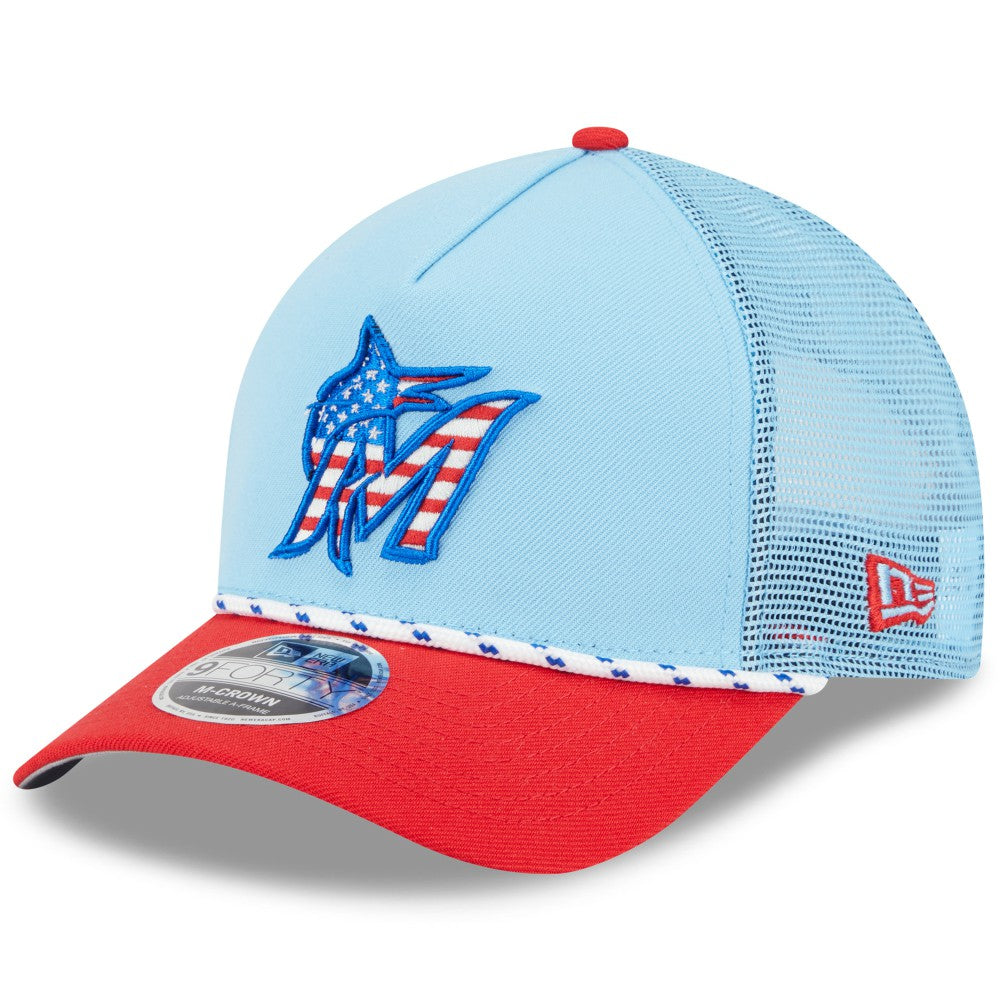 MLB Miami Marlins New Era 2025 Fourth of July 9FORTY A-Frame M-Crown Adjustable Trucker Hat