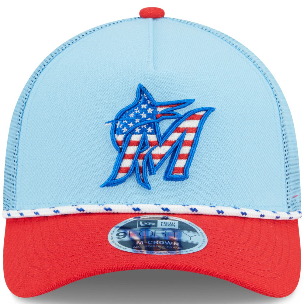 MLB Miami Marlins New Era 2025 Fourth of July 9FORTY A-Frame M-Crown Adjustable Trucker Hat