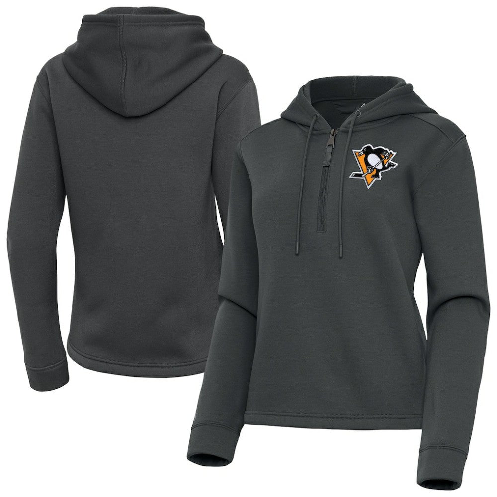 NHL Pewter Pittsburgh Penguins Antigua Women's Contemporary Quarter-Zip Hoodie
