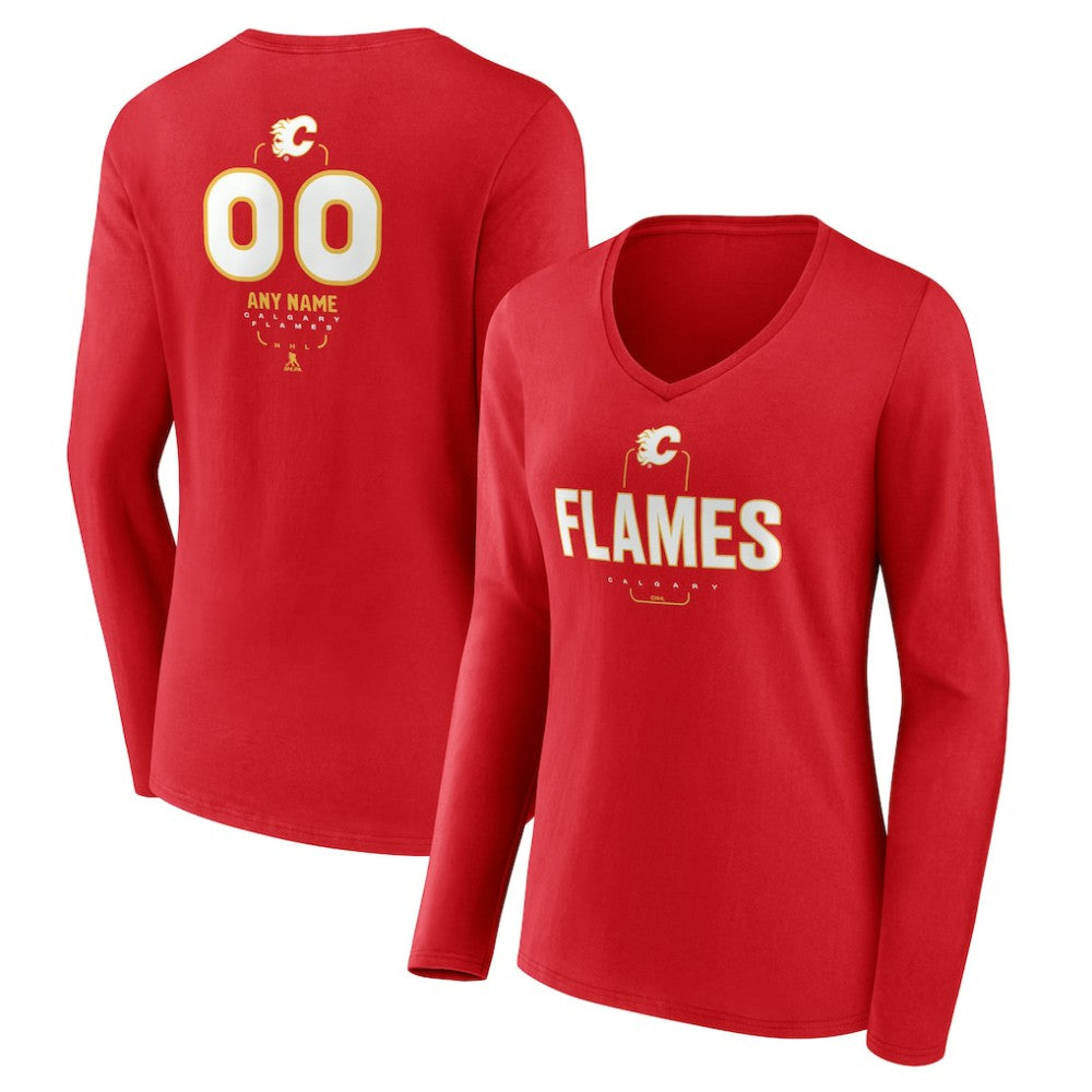 NHL Red Calgary Flames Women's Personalized Name & Number Midfielder Long Sleeve V-Neck T-Shirt