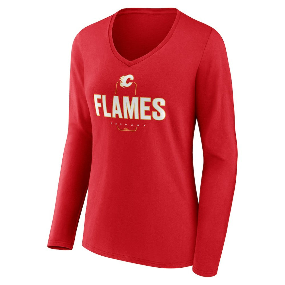 NHL Red Calgary Flames Women's Personalized Name & Number Midfielder Long Sleeve V-Neck T-Shirt