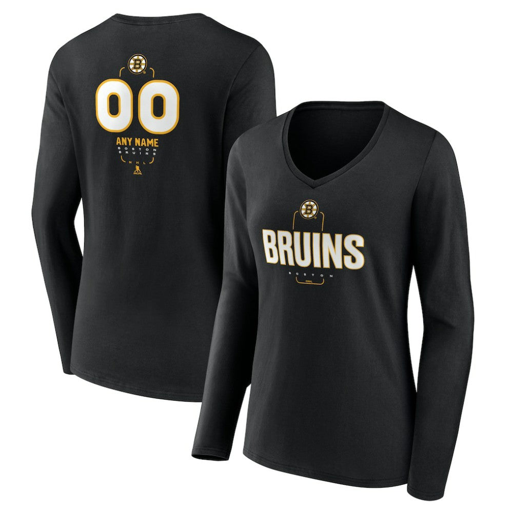 NHL Black Boston Bruins Women's Personalized Name & Number Midfielder Long Sleeve V-Neck T-Shirt