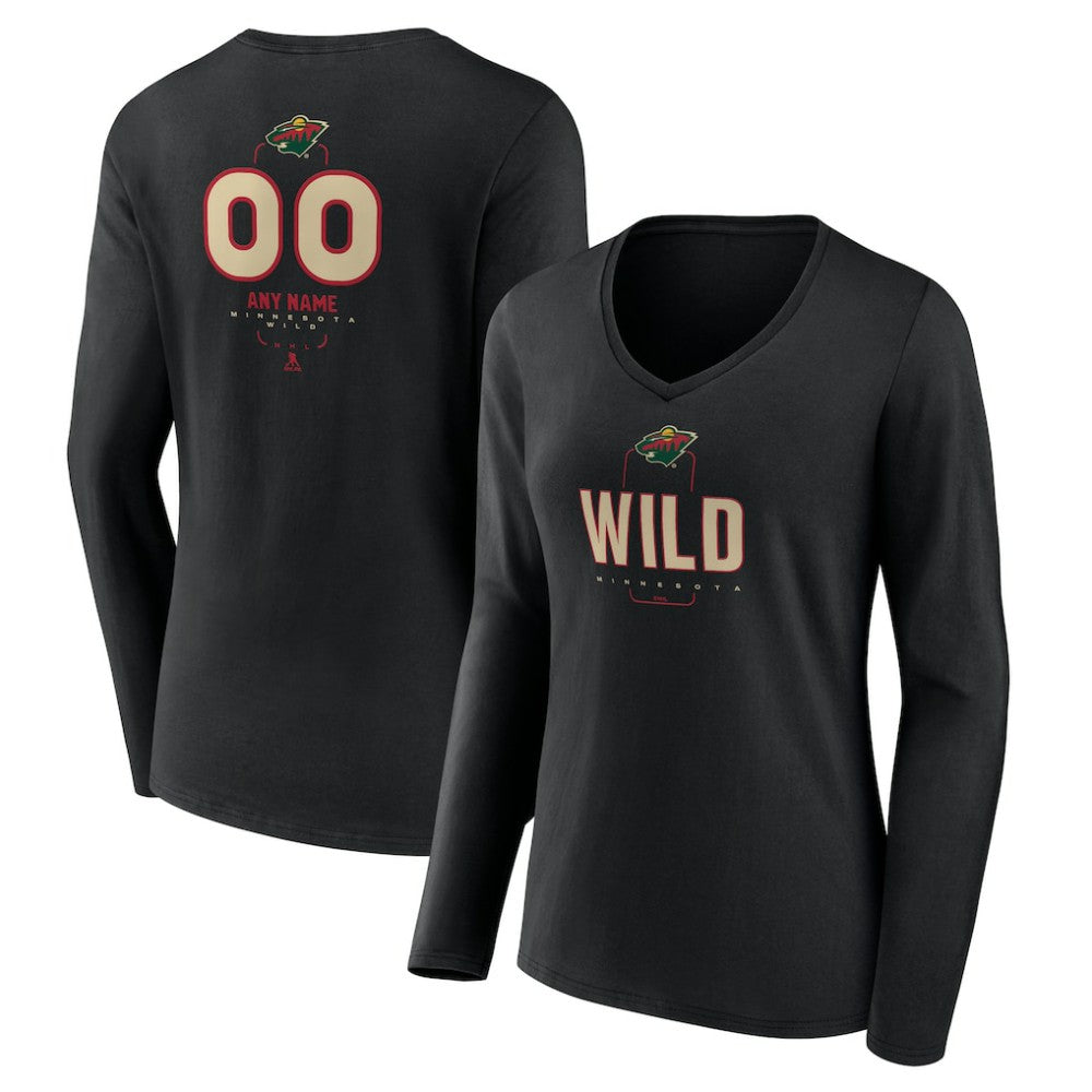 NHL Black Minnesota Wild Women's Personalized Name & Number Midfielder Long Sleeve V-Neck T-Shirt