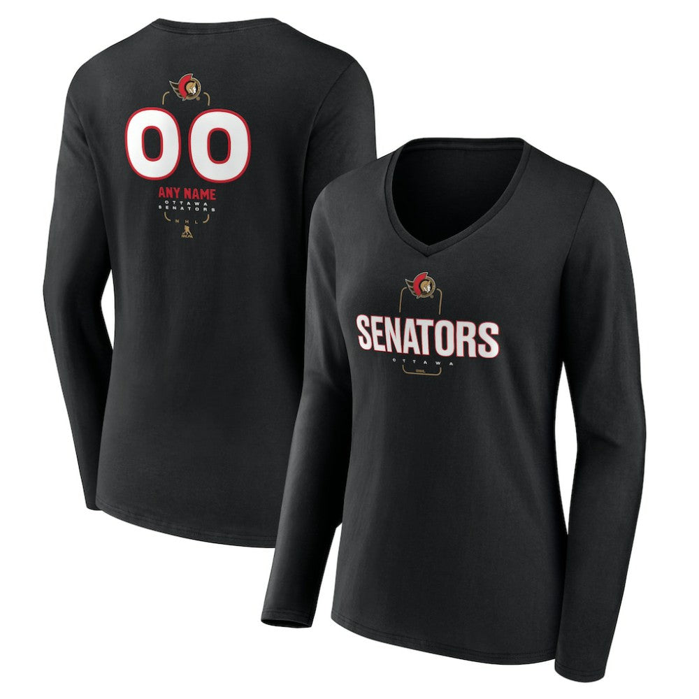 NHL Black Ottawa Senators Women's Personalized Name & Number Midfielder Long Sleeve V-Neck T-Shirt