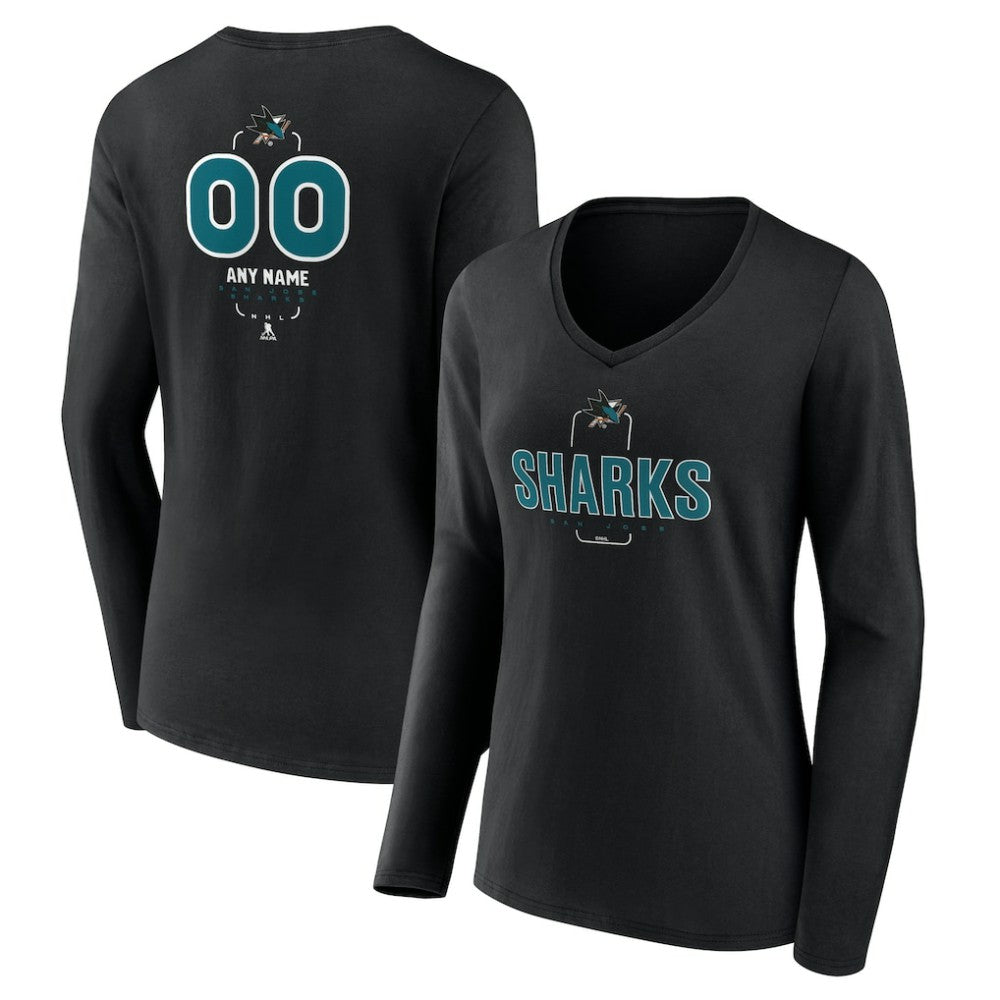 NHL Black San Jose Sharks Women's Personalized Name & Number Midfielder Long Sleeve V-Neck T-Shirt