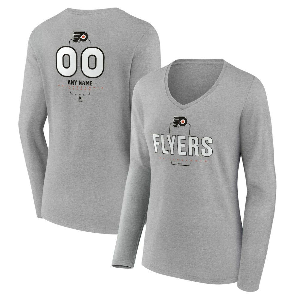 NHL Gray Philadelphia Flyers Women's Personalized Name & Number Midfielder Long Sleeve V-Neck T-Shirt