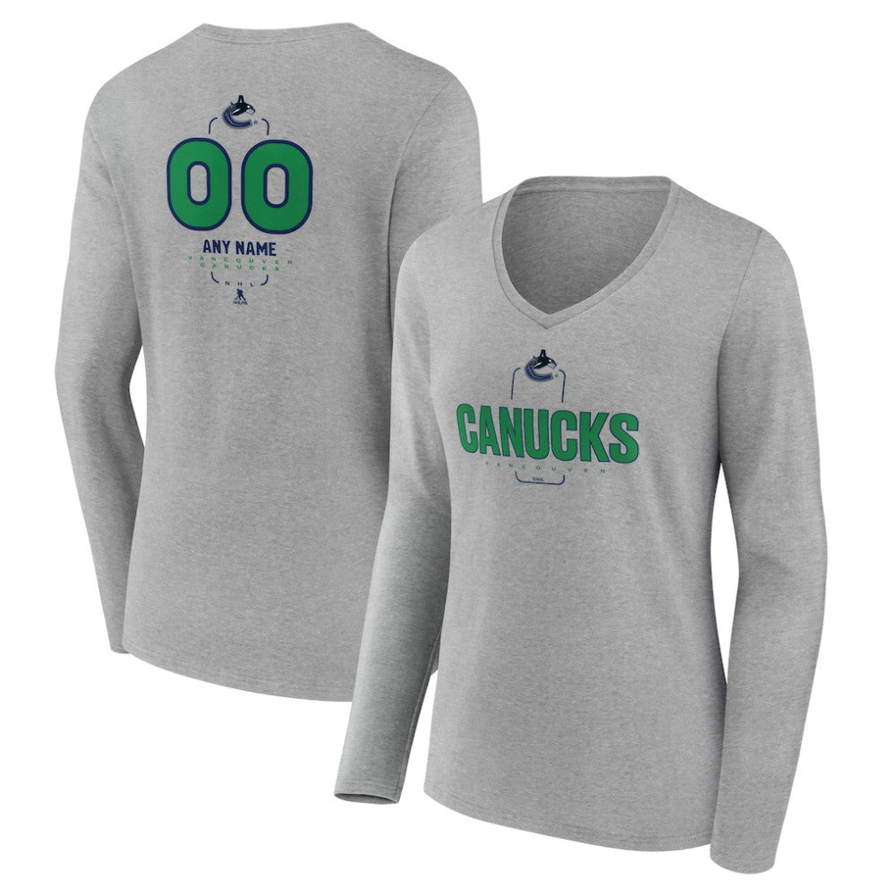 NHL Gray Vancouver Canucks Women's Personalized Name & Number Midfielder Long Sleeve V-Neck T-Shirt