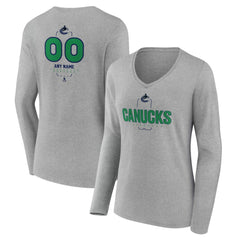 NHL Gray Vancouver Canucks Women's Personalized Name & Number Midfielder Long Sleeve V-Neck T-Shirt