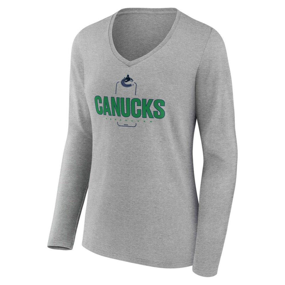 NHL Gray Vancouver Canucks Women's Personalized Name & Number Midfielder Long Sleeve V-Neck T-Shirt