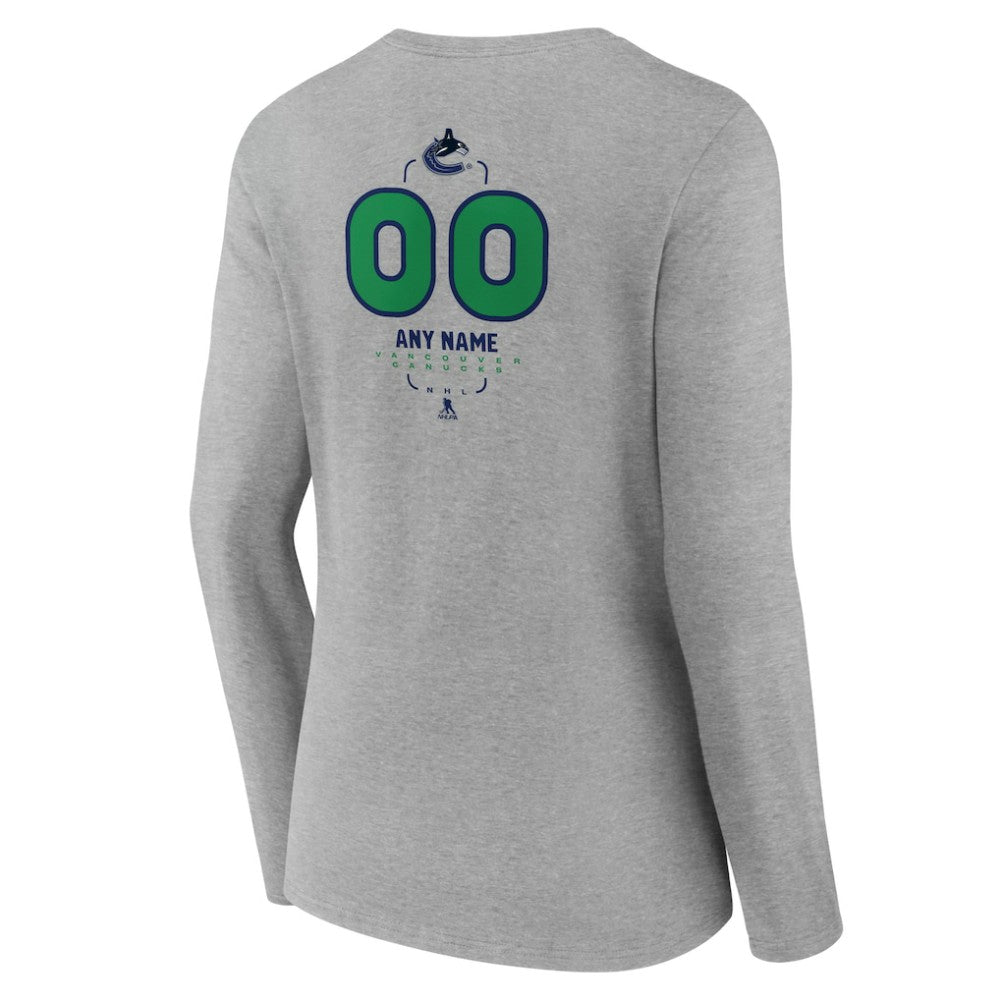 NHL Gray Vancouver Canucks Women's Personalized Name & Number Midfielder Long Sleeve V-Neck T-Shirt