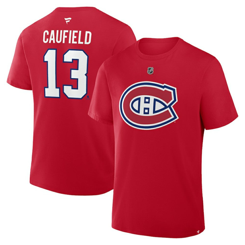 NHL Red Cole Caufield Montreal Canadiens Fanatics Authentic Stack Name & Number T-Shirt