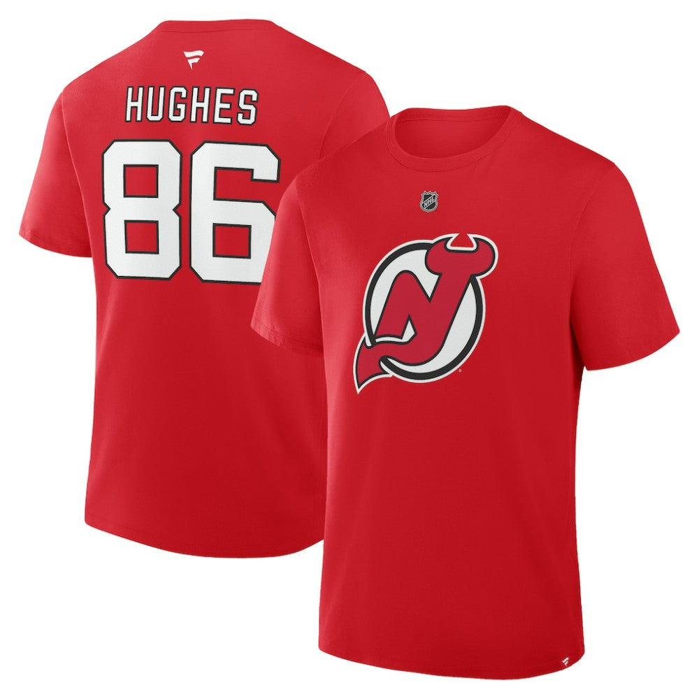 NHL Red Jack Hughes New Jersey Devils Fanatics Authentic Stack Name & Number T-Shirt