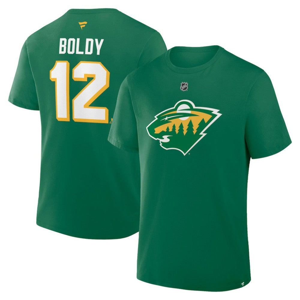 NHL Kelly Green Matthew Boldy Minnesota Wild Fanatics Authentic Stack Name & Number T-Shirt