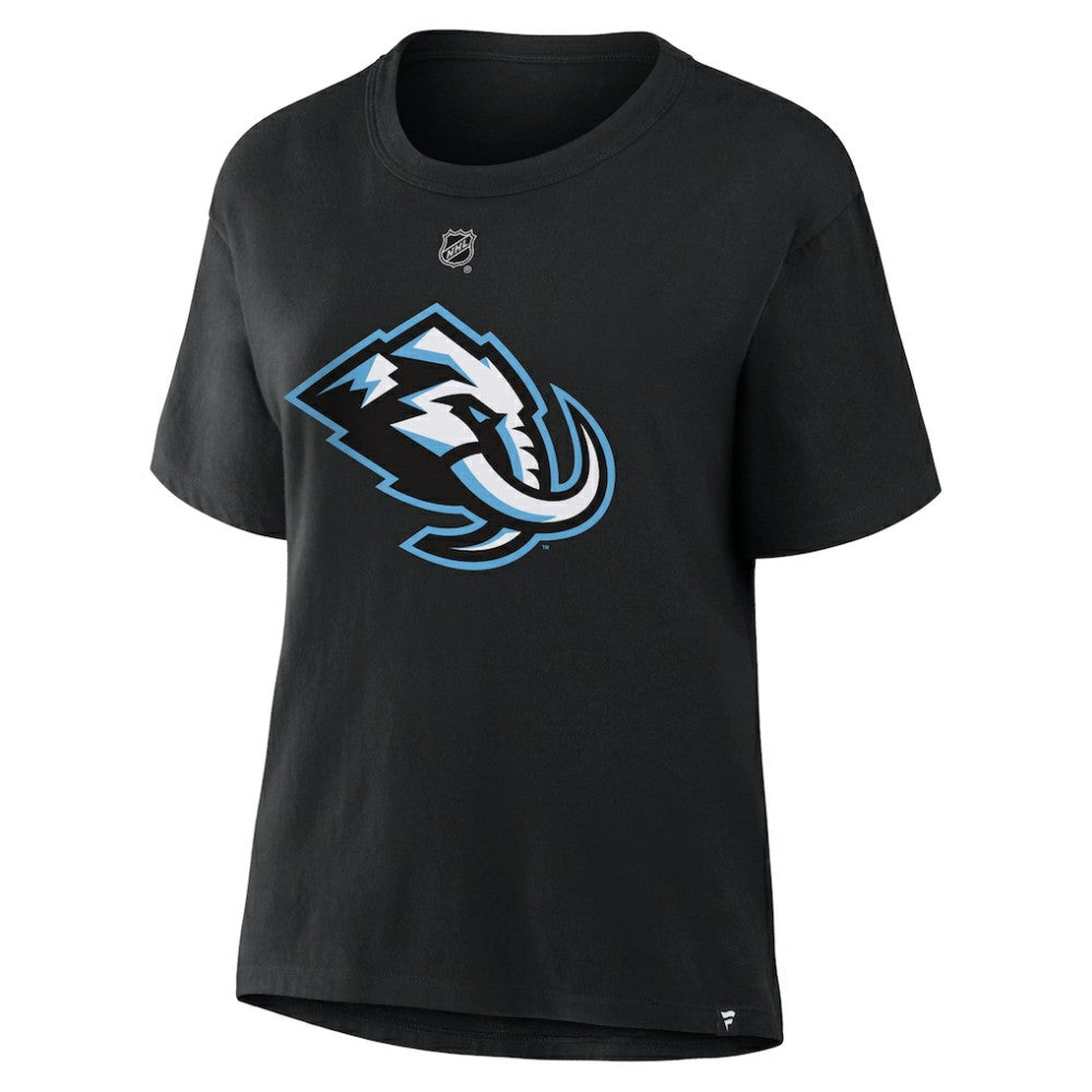 NHL Black Logan Cooley Utah Mammoth Fanatics Women's Authentic Stack Name & Number T-Shirt