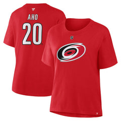 NHL Red Sebastian Aho Carolina Hurricanes Fanatics Women's Authentic Stack Name & Number T-Shirt